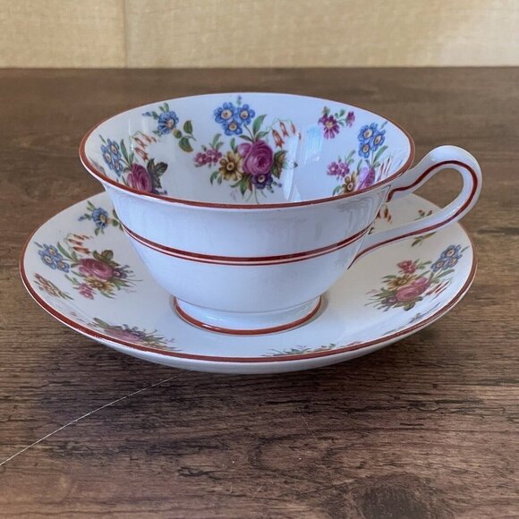 Vintage Grosvenor Bone China Teacup & Saucer Jackson & Gosling White Red Floral - Picture 3 of 14